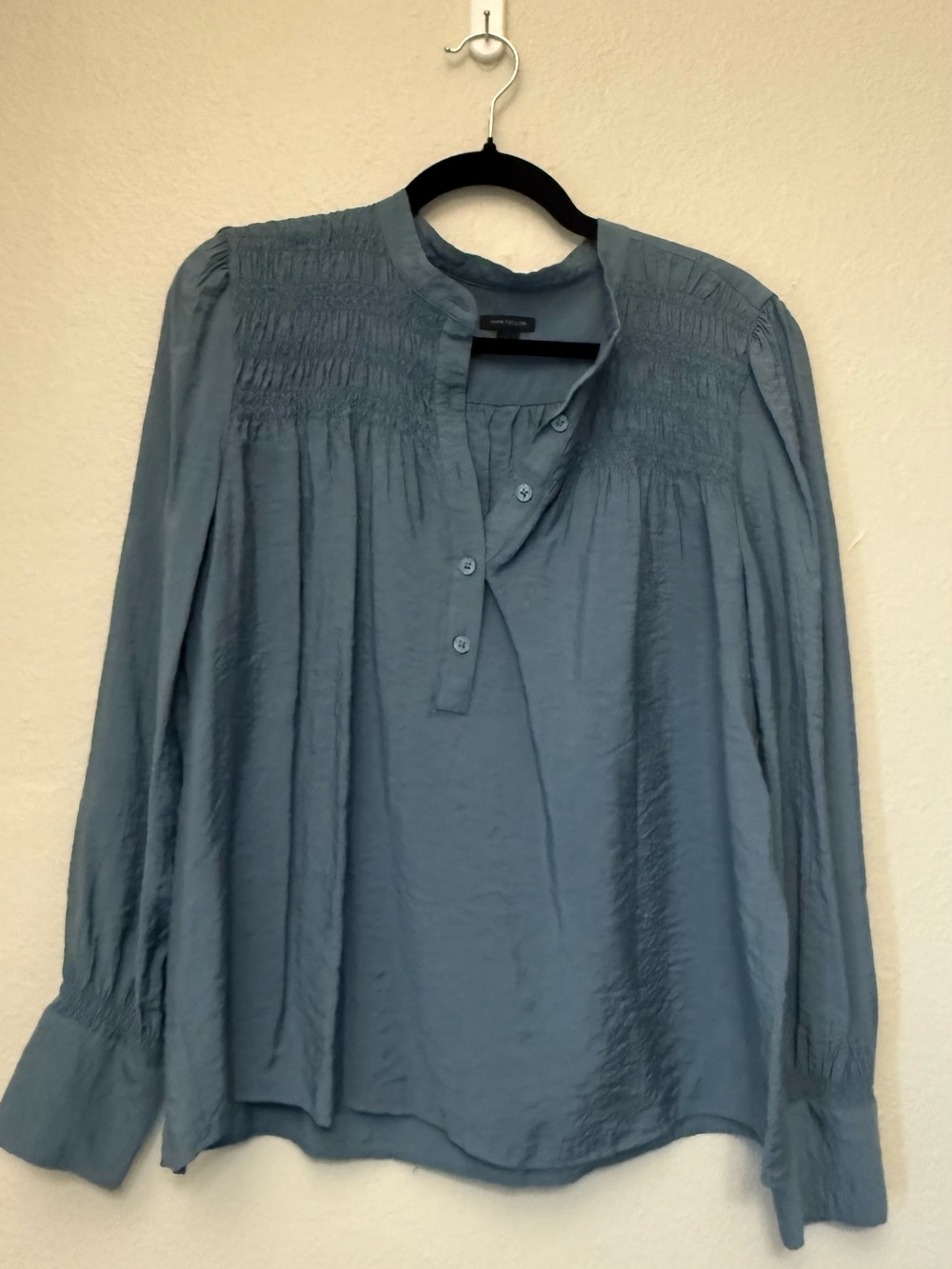 Ann Taylor Slate-Blue Smocked Yoke Long-Sleeve Blouse